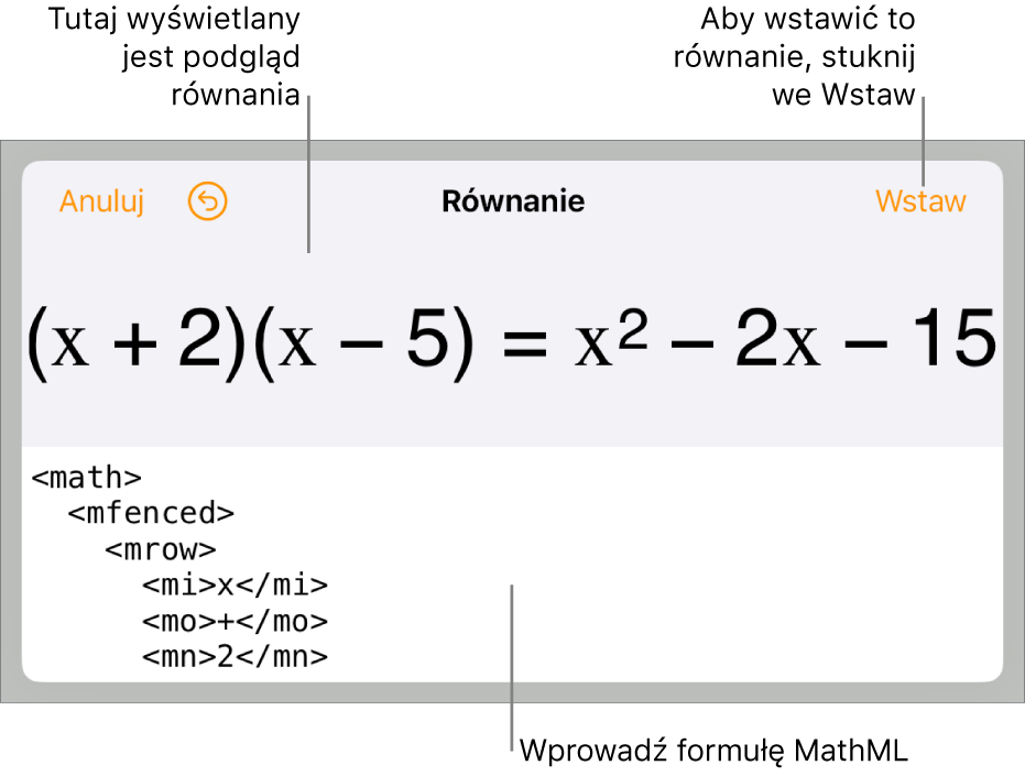 Pole dialogowe Równanie, zawierające równanie zapisane przy użyciu języka MathML. Powyżej widoczny jest podgląd tego równania.