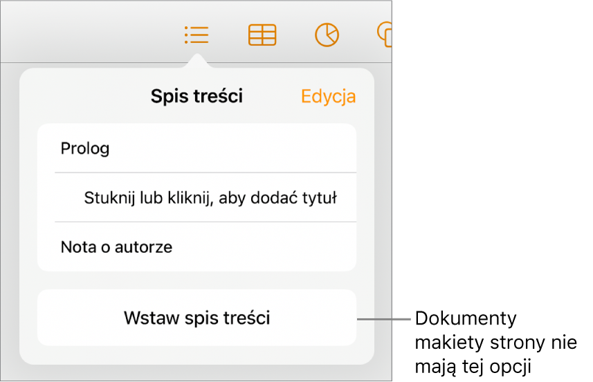 Widok spisu treści z przyciskiem Edycja w prawym górnym rogu, pozycjami spisu treści oraz przyciskiem Wstaw spis treści na dole.