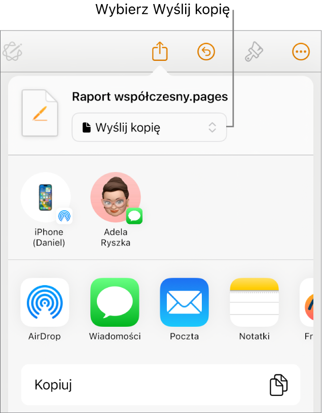 Menu udostępniania z wybraną opcją Wyślij kopię (na górze).