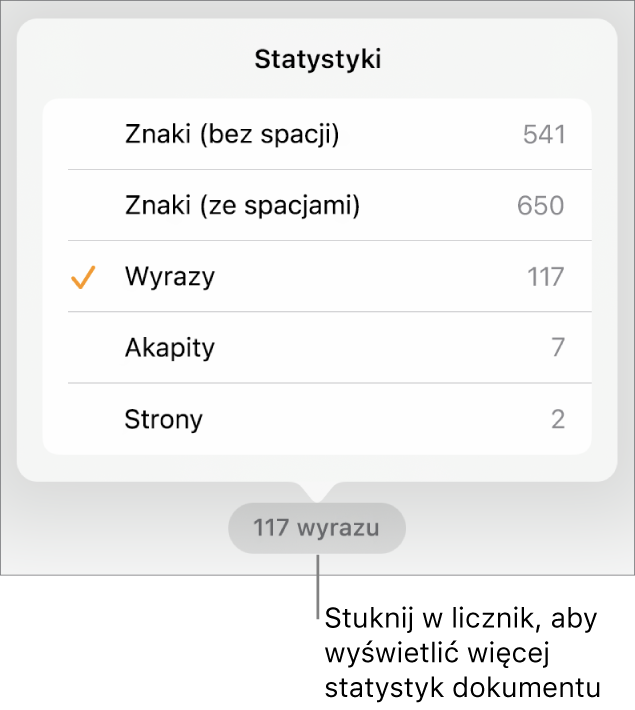 Licznik wyrazów z menu zawierającym opcje pozwalające na wybranie wyświetlania liczby znaków ze spacjami i bez spacji, liczby wyrazów, liczby akapitów oraz liczby stron.
