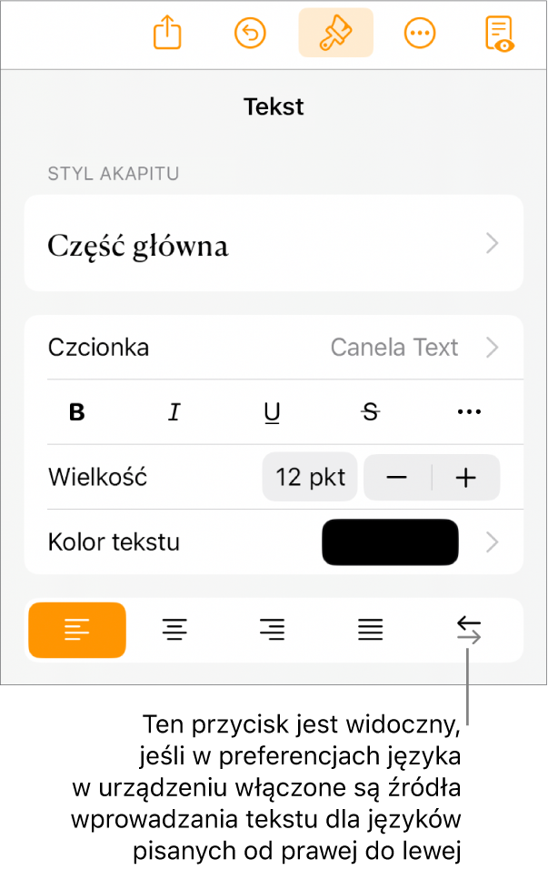 Narzędzia tekstu w menu Format z objaśnieniem wskazującym przycisk Od prawej do lewej.