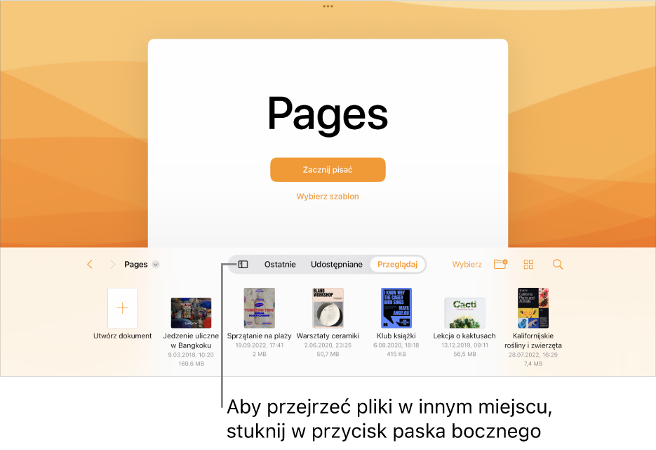 Widok przeglądarki menedżera dokumentów z przyciskiem paska bocznego w lewym górnym rogu. W prawym górnym rogu znajdują się przyciski dodawania, nowego folderu, sortowania (według nazwy, daty, wielkości lub tagu), zaznaczania oraz wyszukiwania. Poniżej widoczne są miniaturki istniejących dokumentów.