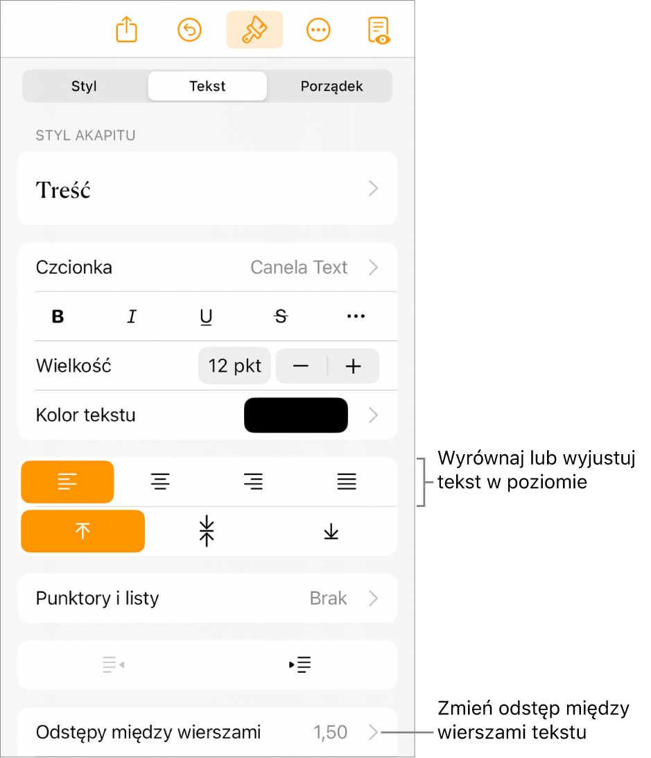 Zaznaczony jest przycisk narzędzi formatowania z kartą Tekst. Opisy wskazują przyciski wyrównywania tekstu oraz pozycję menu Odstępy między wierszami.