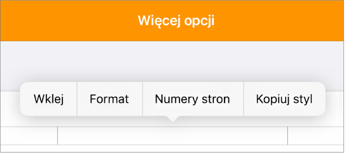 Trzy pola nagłówka. W środkowym polu znajduje się punkt wstawiania oraz menu podręczne z numerami stron.