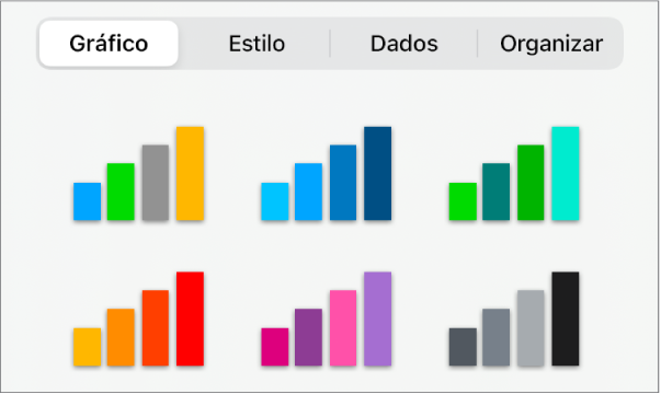 Estilos de gráfico na aba Gráfico do menu Formatar.