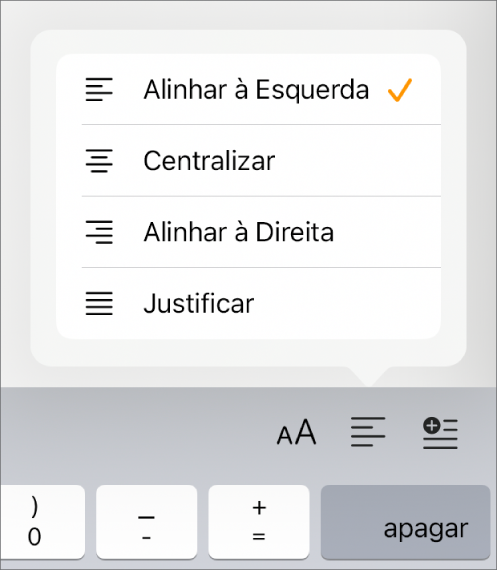 Barra Formatar, com controles para texto com recuo e alinhamento de parágrafos.