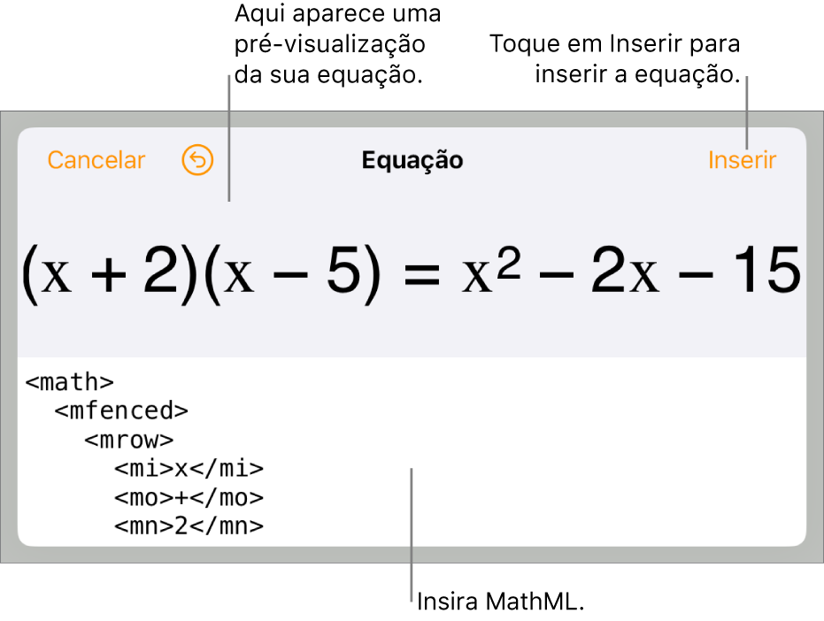 O diálogo de Equação, mostrando uma equação escrita com comandos MathML e uma pré-visualização da fórmula acima.