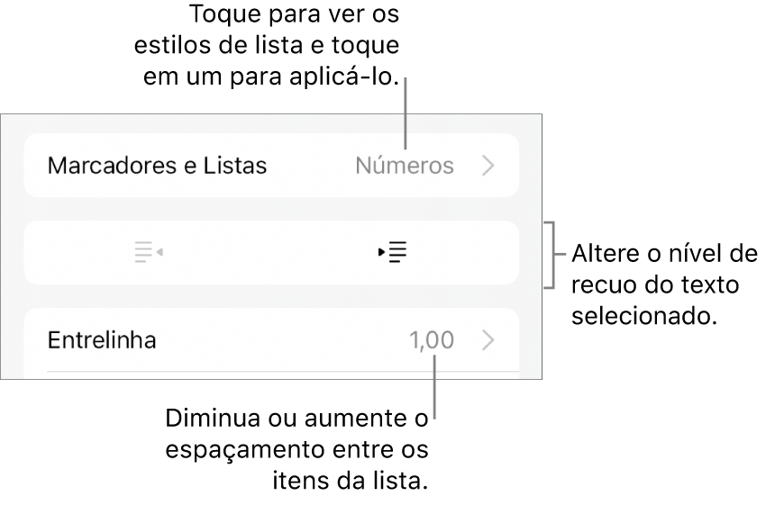 Seção “Marcadores e Listas” dos controles de Formatação, com chamadas para “Marcadores e Listas”, botões para aumentar ou diminuir o recuo e controles de entrelinha.