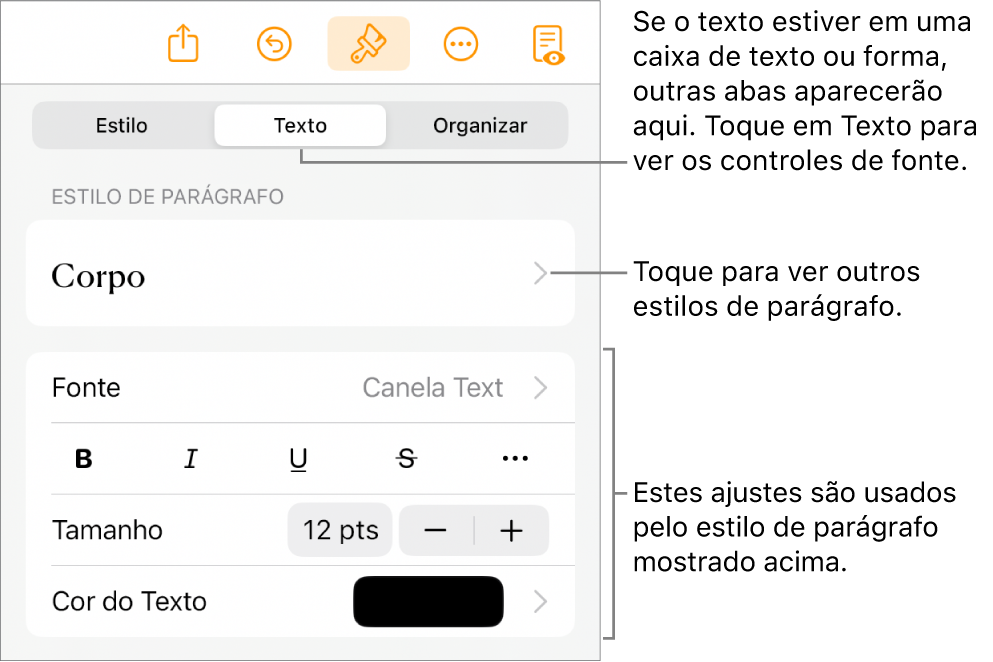 O menu Formatar, mostrando controles de texto para definir estilo, fonte, tamanho e cor de caractere e parágrafo.