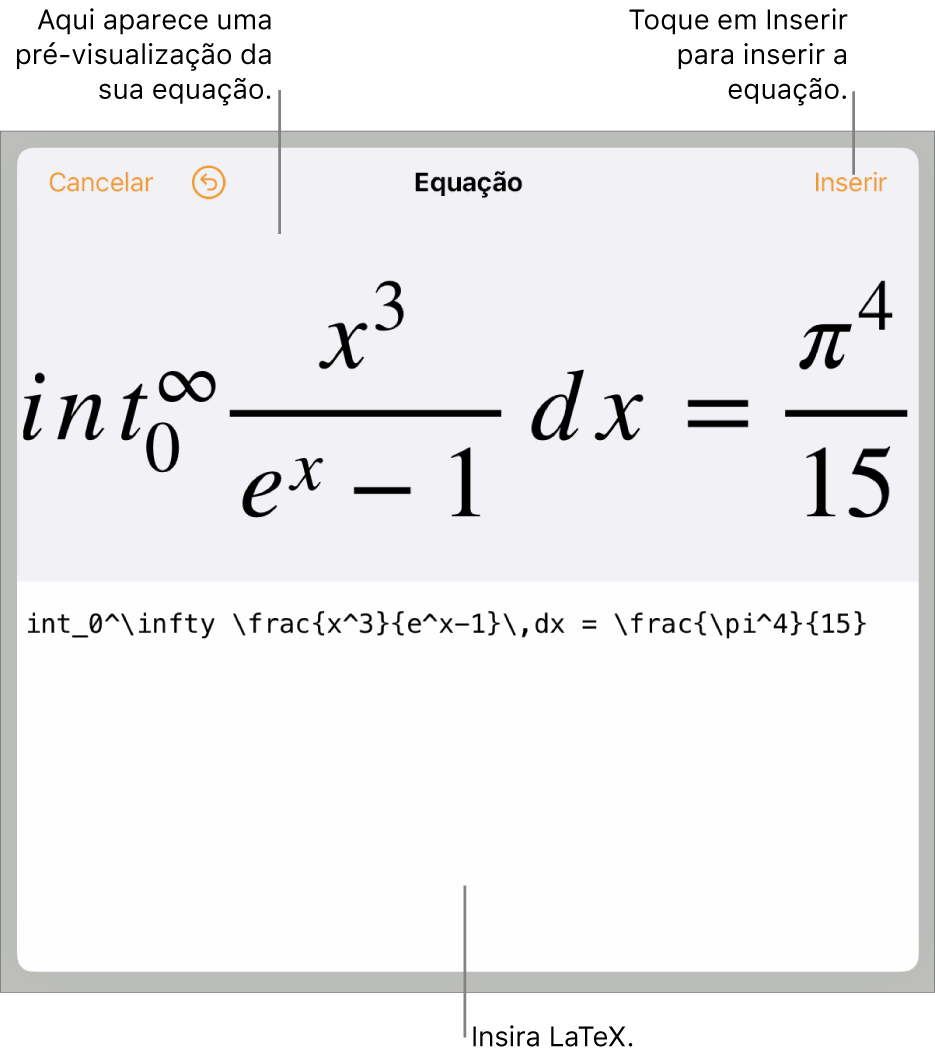 O diálogo de Equação, mostrando uma equação escrita com comandos LaTex e uma pré-visualização da fórmula acima.