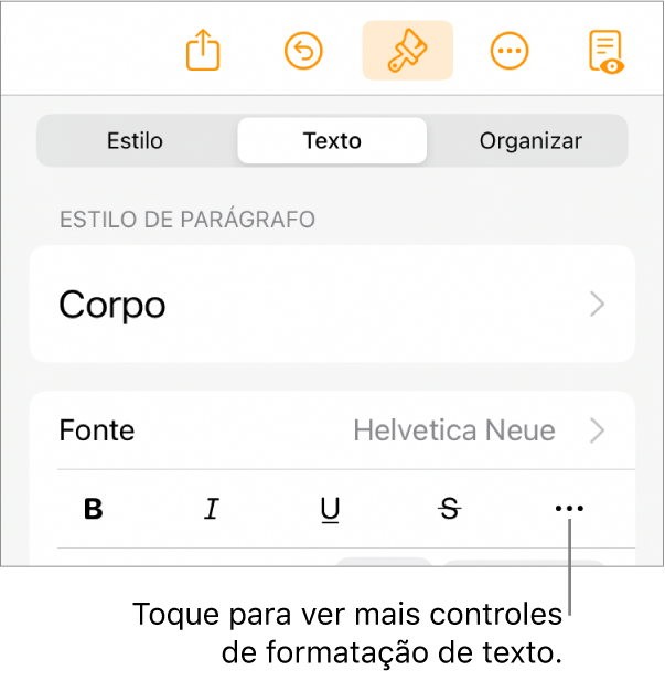 Aba Texto dos controles Formatar, com um balão explicativo para o botão “Mais opções de texto”.