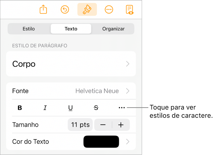 Controles Formatar com estilos de parágrafo na parte superior, seguidos dos controles de Fonte. Abaixo de Fonte estão os botões Negrito, Itálico, Sublinhado, Tachado e “Mais opções de texto”.