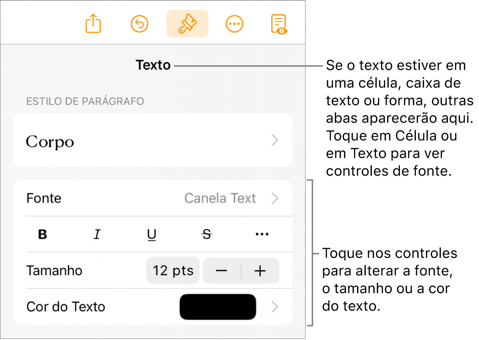 Controles de texto no menu Formatar para definir estilo, fonte, tamanho e cor de caractere e parágrafo.