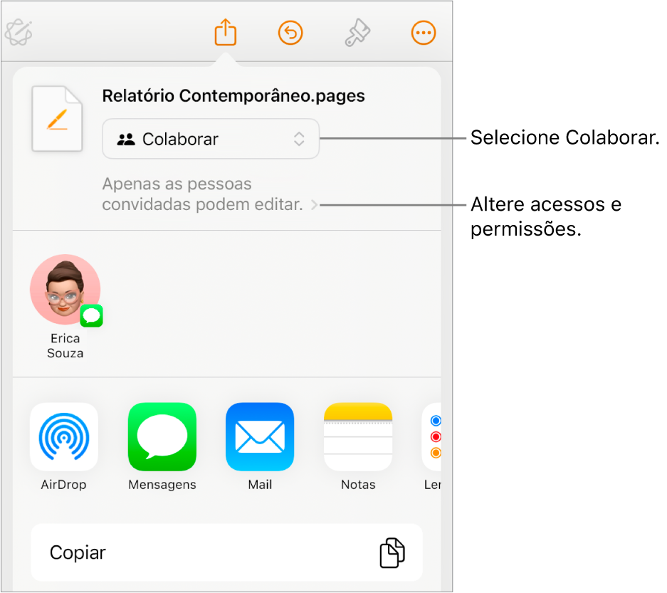 Menu Compartilhar com Colaborar selecionado na parte superior e os ajustes de acesso e permissão abaixo.