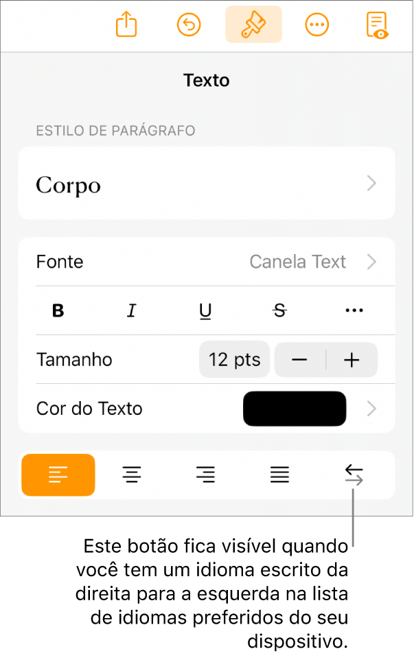 Controles de texto no menu Formatar com uma chamada apontando para o botão da esquerda para a direita.