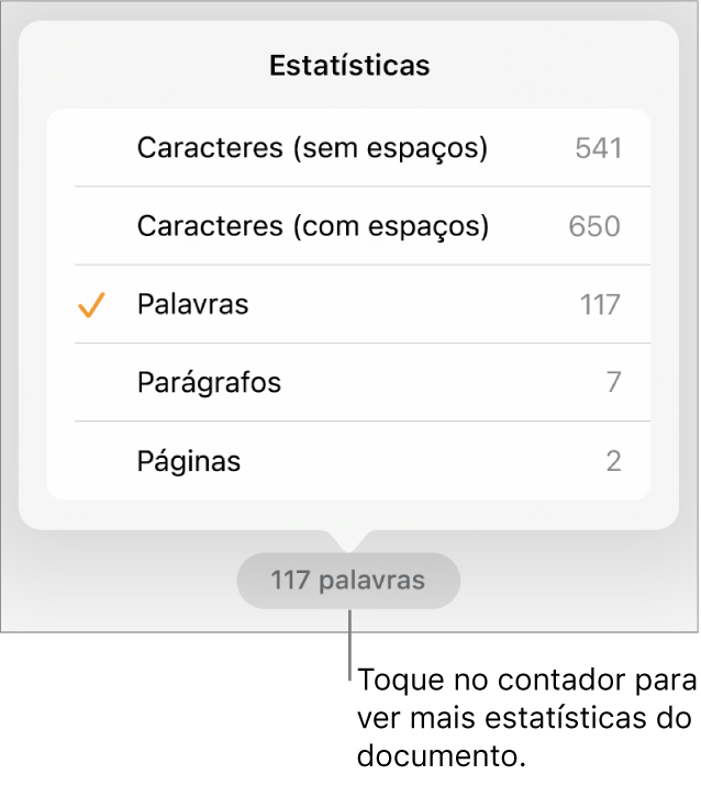 Contador de palavras com menu mostrando opções para mostrar o número de caracteres com e sem espaços, contagem de palavras, contagem de parágrafos e contagem de páginas.