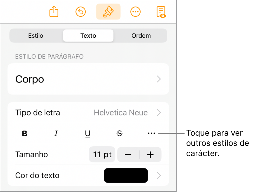 Os controlos de "Formatação” com estilos de parágrafo na parte superior e depois os controlos de tipo de letra. Sob “Tipo de letra” encontram-se os botões “Negrito”, “Itálico”, “Sublinhado”, “Riscado” e “Mais opções de texto”.