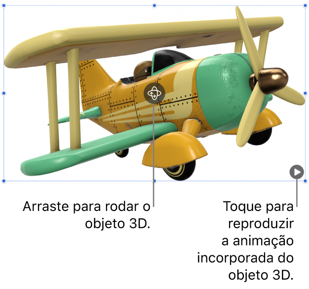 Um objeto 3D com o botão “Rodar” no meio do objeto e o botão “Reproduzir” no canto inferior direito.