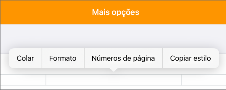 Três campos de cabeçalho com o ponto de inserção no campo do centro e um menu pop-up a mostrar “Números de página”.