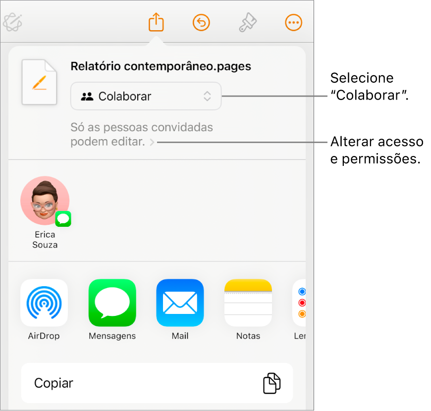 O menu "Partilha” com “Colaboração” selecionada na parte superior e as definições de acesso e permissão por baixo.