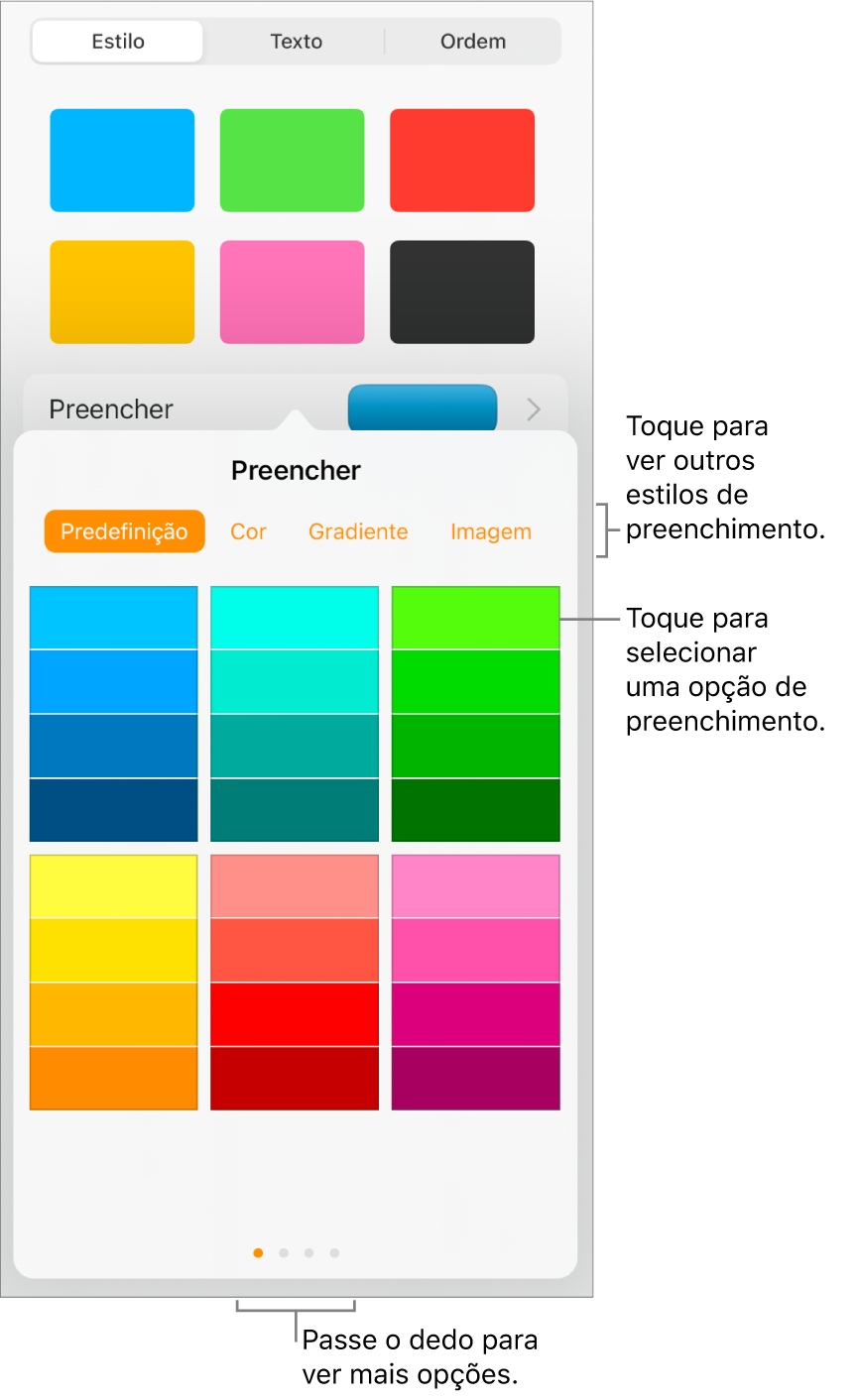 Opções de preenchimento no separador "Estilo” do botão “Formatação”.