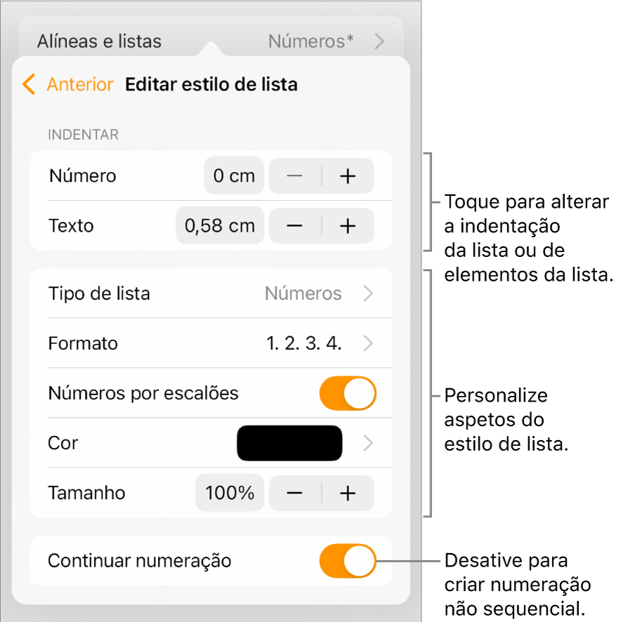 O menu “Editar estilo de lista” com controlos para espaçamento, tipo de lista e formatação, números por escalões, cor e tamanho da lista e numeração contínua.