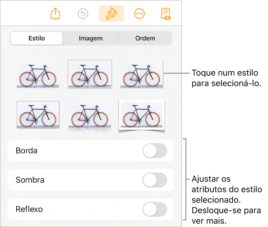 O separador "Estilo” do menu "Formatação” com estilos de objeto na parte superior e controlos por baixo para alterar a borda, sombreado, reflexo e opacidade.