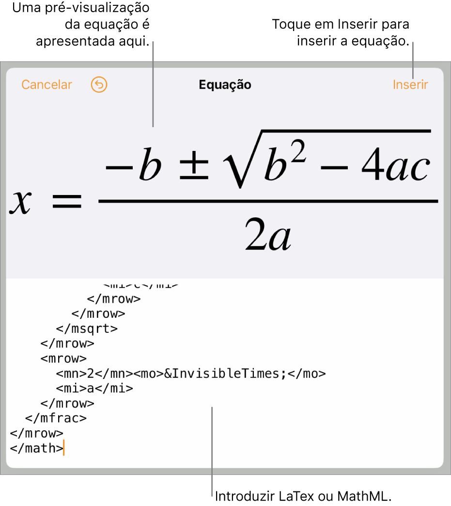 A caixa de diálogo “Equação”, apresentando uma equação escrita com recurso aos comandos MathML e uma pré-visualização da fórmula em cima.