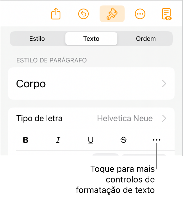 O separador “Texto” nos controlos de formatação com uma chamada para o botão "Mais opções de texto”.