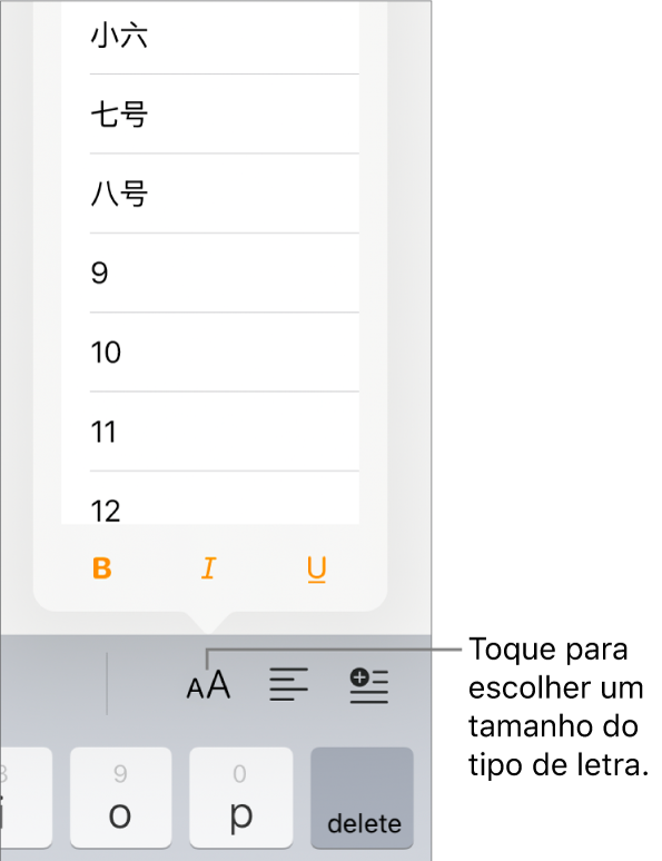 O botão "Tamanho do tipo de letra” do lado direito do teclado do iPad com o menu do tamanho do tipo de letra aberto. Os tamanhos do tipo de letra padrão do governo chinês aparecem na parte superior do menu com os tamanhos em pontos abaixo.