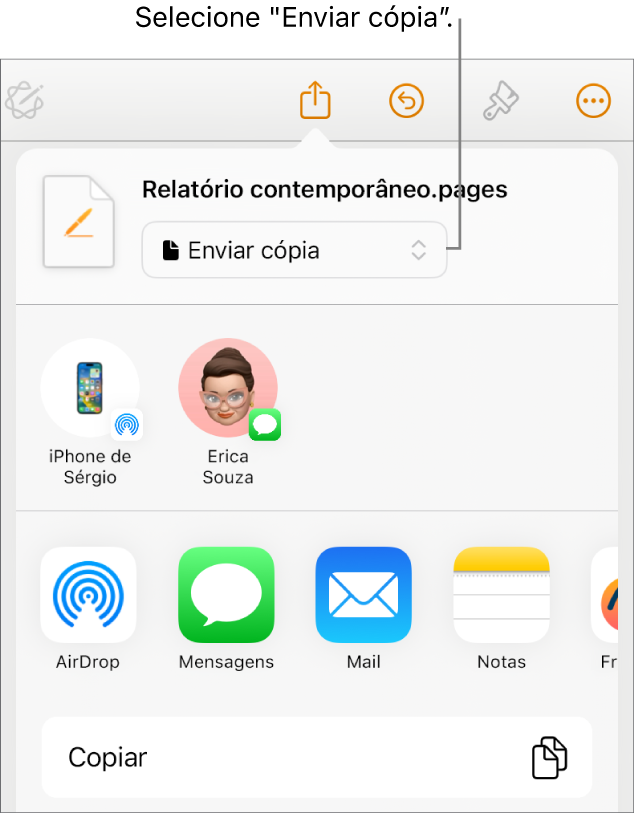 O menu “Partilhar” com “Enviar cópia” selecionada na parte superior.