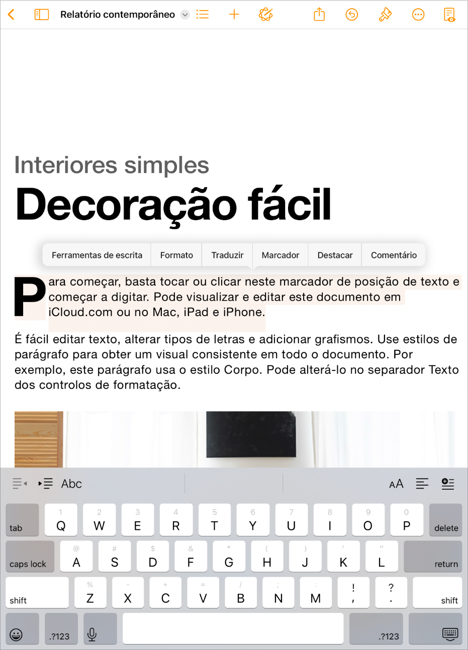 Um documento do Pages aberto com o marcador de posição de texto selecionado.
