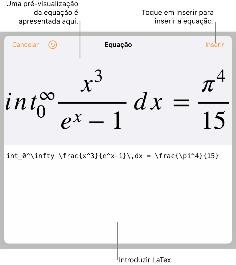 A caixa de diálogo “Equação”, apresentando uma equação escrita com recurso aos comandos LaTeX e uma pré-visualização da fórmula em cima.