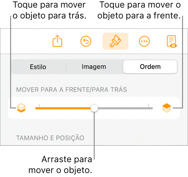 O botão “Mover para trás”, o botão “Mover para a frente” e o nivelador da camada.