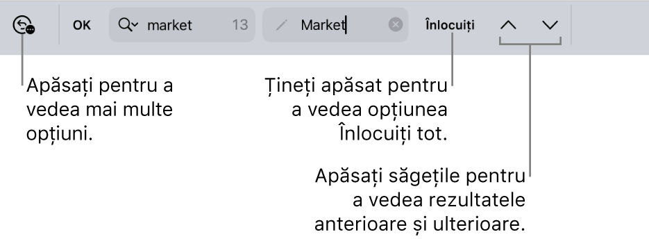 Comenzile Găsiți și înlocuiți de deasupra tastaturii, cu explicații pentru butoanele Opțiuni de căutare, Înlocuiți, În sus și În jos.