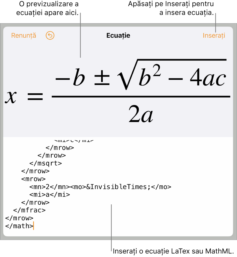 Caseta de dialog Ecuație, afișând o ecuație scrisă cu ajutorul comenzilor MathML și, deasupra, o previzualizare a formulei.