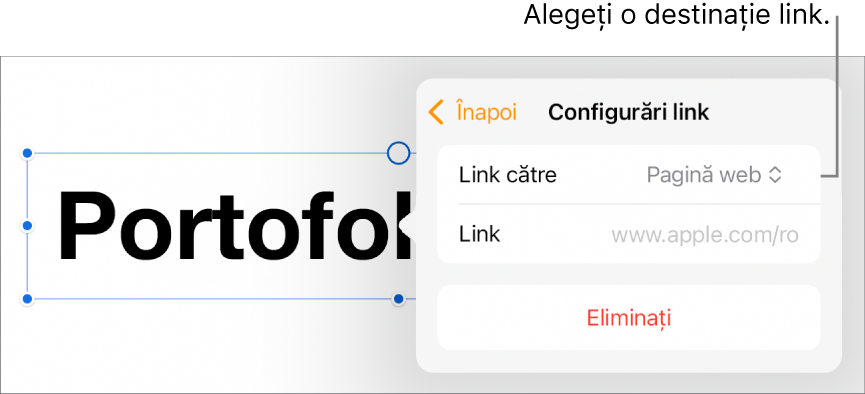 Comenzile Configurări link cu opțiunea Pagină web selectată și butonul Eliminați în partea de jos.