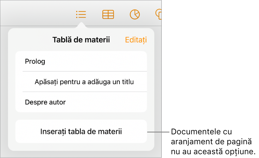 Vizualizarea tablei de materii, cu butonul Editați în colțul din dreapta sus, intrările din tabla de materii și butonul Inserați tabla de materii în partea de jos.