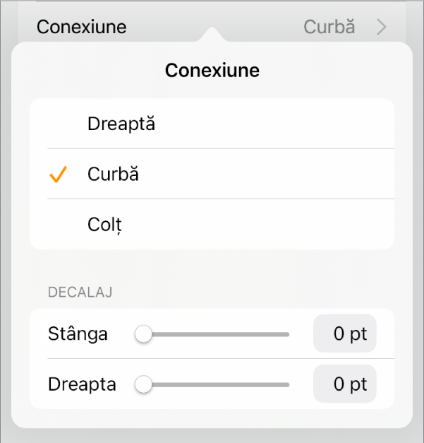 Comenzile Conexiune cu opțiunea Curbă selectată.