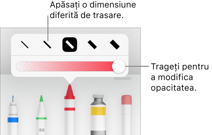 Comenzile pentru alegerea unei dimensiuni de trasare și un glisor pentru ajustarea opacității.