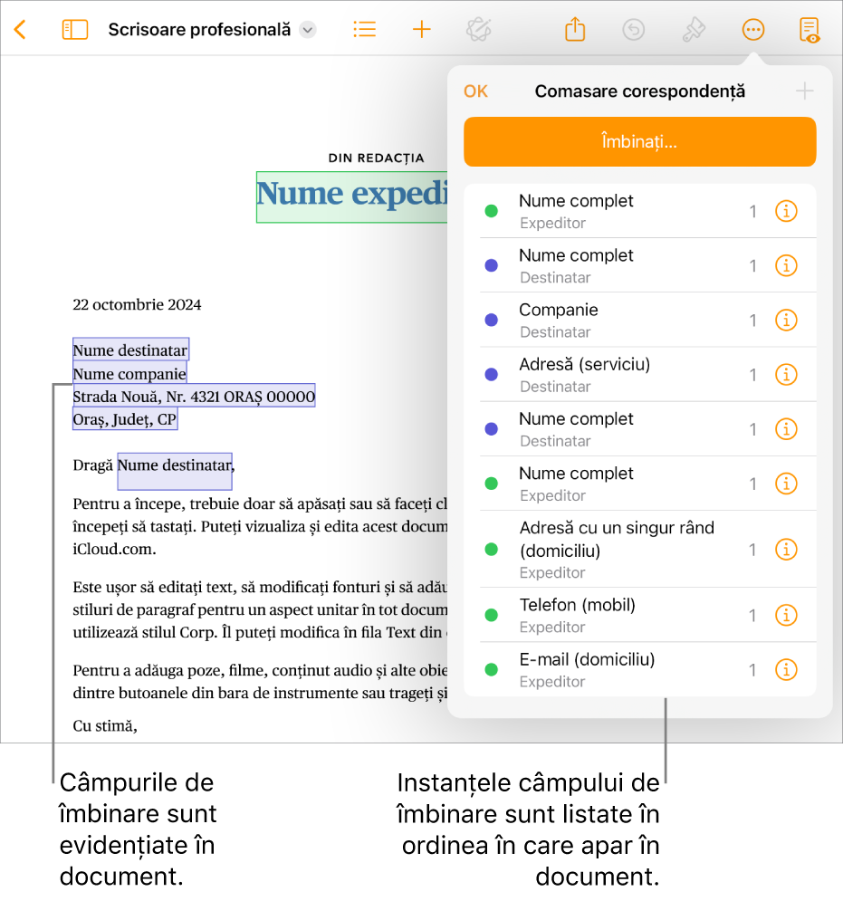 Un document Pages cu câmpurile de îmbinare ale expeditorului și destinatarului și lista de ocurențe ale câmpurilor de îmbinare vizibilă în bara laterală Document.