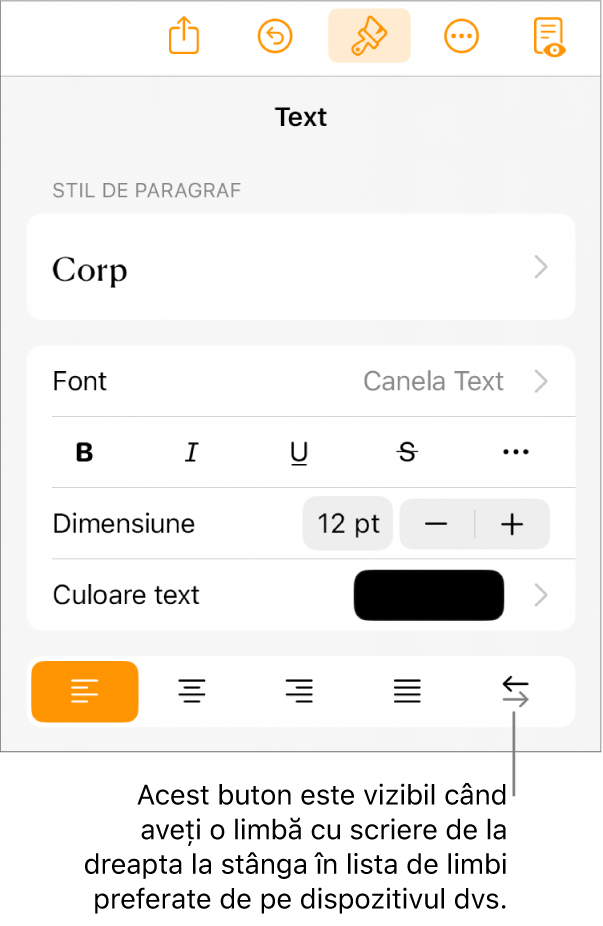 Comenzile pentru text din meniul Format cu o explicație referitoare la butonul De la dreapta la stânga.