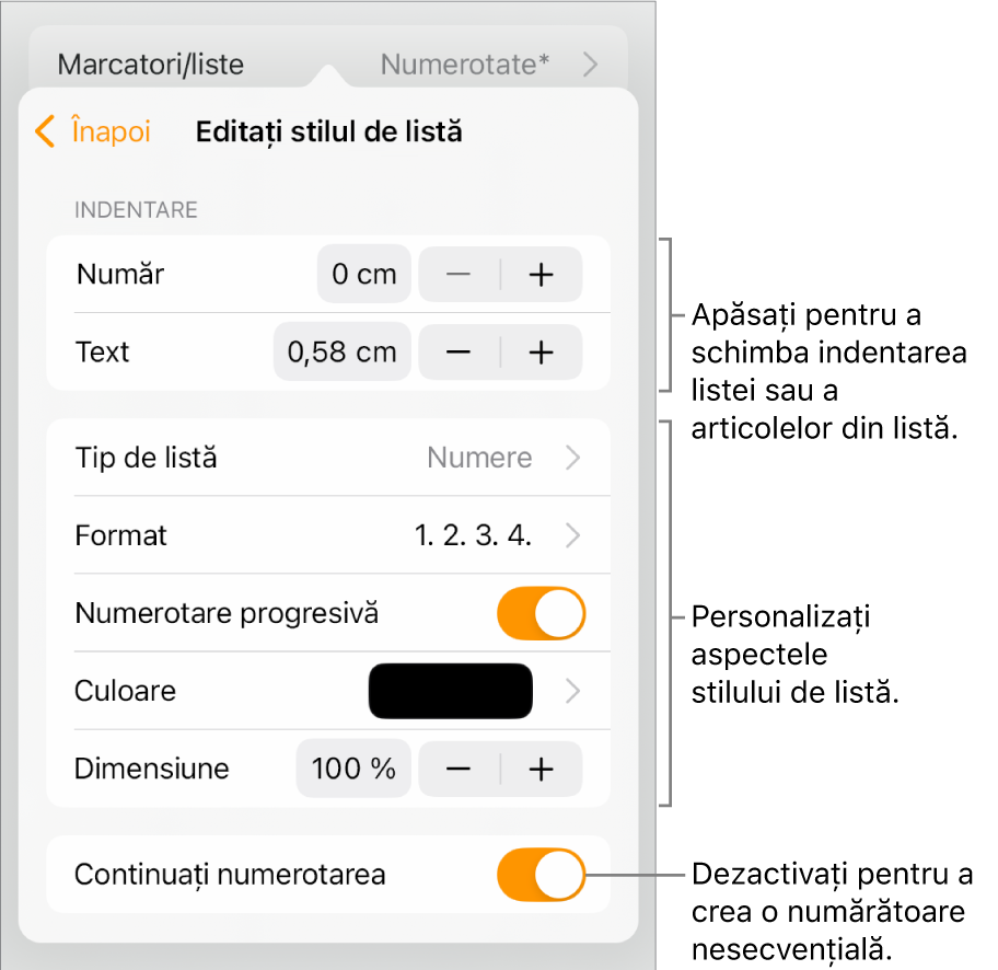 Meniul Editați stilul de listă, cu comenzile pentru spațierea indentărilor, tipurile și formatele de liste, numerotare progresivă, culori și dimensiuni de liste și numerotarea continuă.