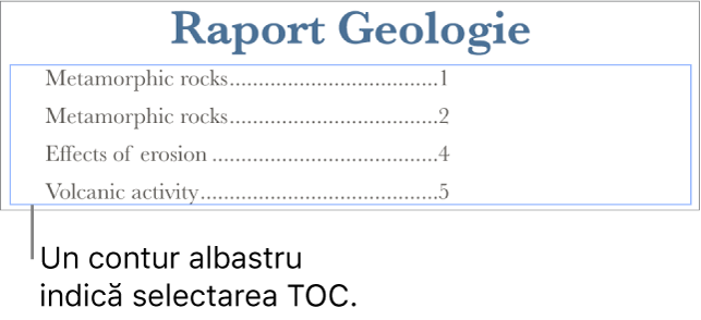 O tablă de materii inserată într-un document. Intrările afișează anteturile, împreună cu numerele de pagină aferente.