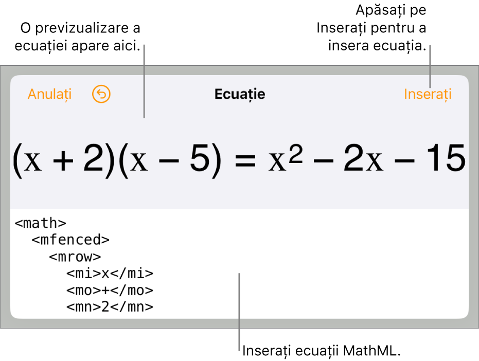 Caseta de dialog Ecuație, afișând o ecuație scrisă cu ajutorul comenzilor MathML și, deasupra, o previzualizare a formulei.