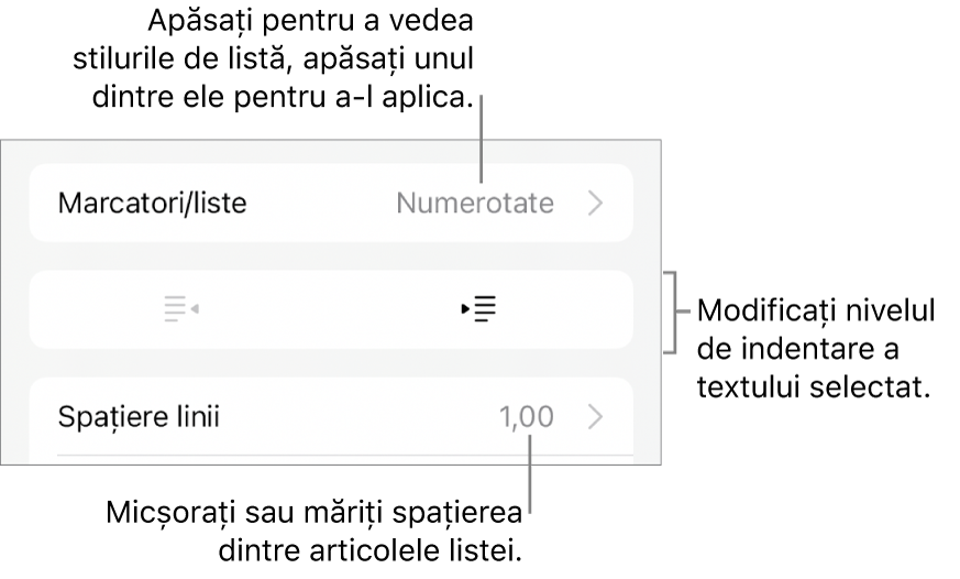 Secțiunea Marcatori/liste din comenzile Format cu explicații pentru Marcatori/liste, butoanele de indentare și indentare exterioară, precum și comenzile pentru spațierea liniilor.