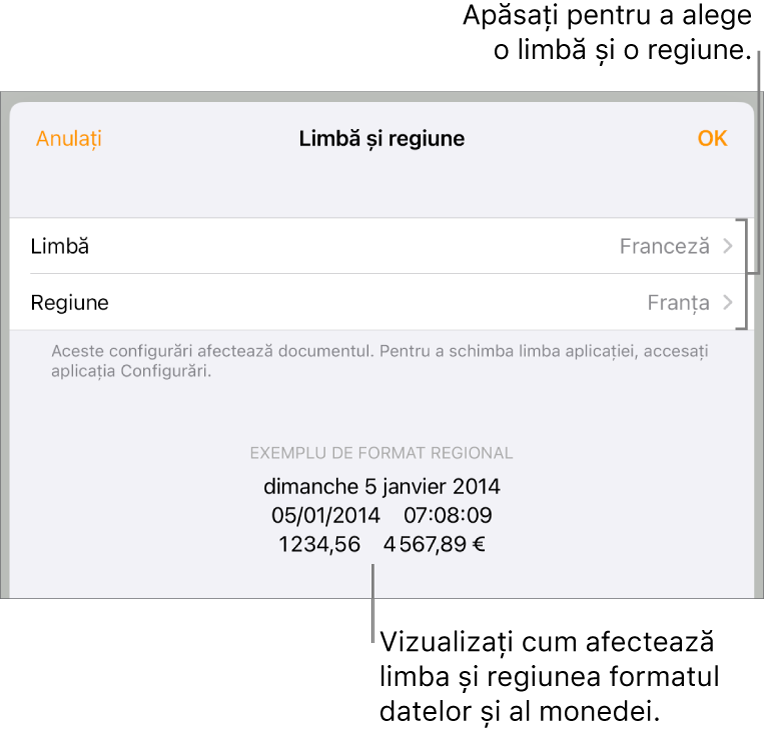 Panoul Limbă și regiune, cu comenzile pentru limbă și regiune și un exemplu de format, inclusiv data, ora, zecimale și valuta.