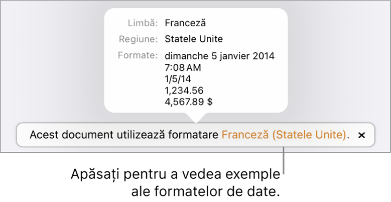 Notificarea privind configurarea limbii și regiunii diferite, afișând exemple de formatare în limba și regiunea respectivă.