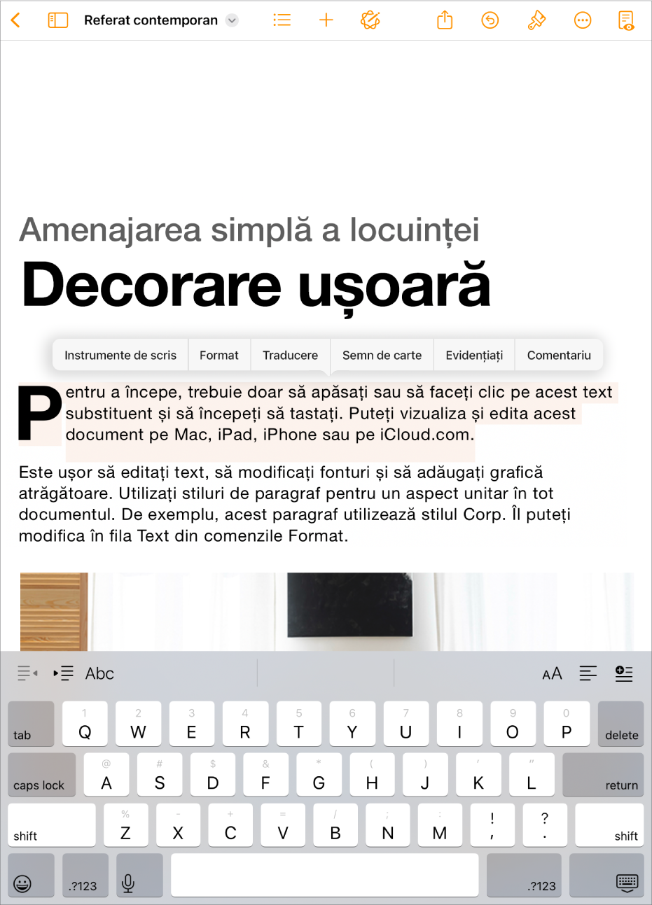 Document Pages deschis cu text substituent selectat.
