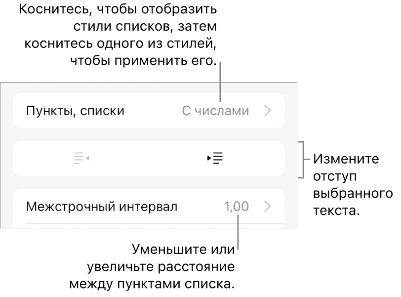 Раздел «Пункты и списки» в окне «Формат». Выноски показывают раздел «Пункты и списки», кнопки выступа и отступа, а также элементы управления межстрочным интервалом.